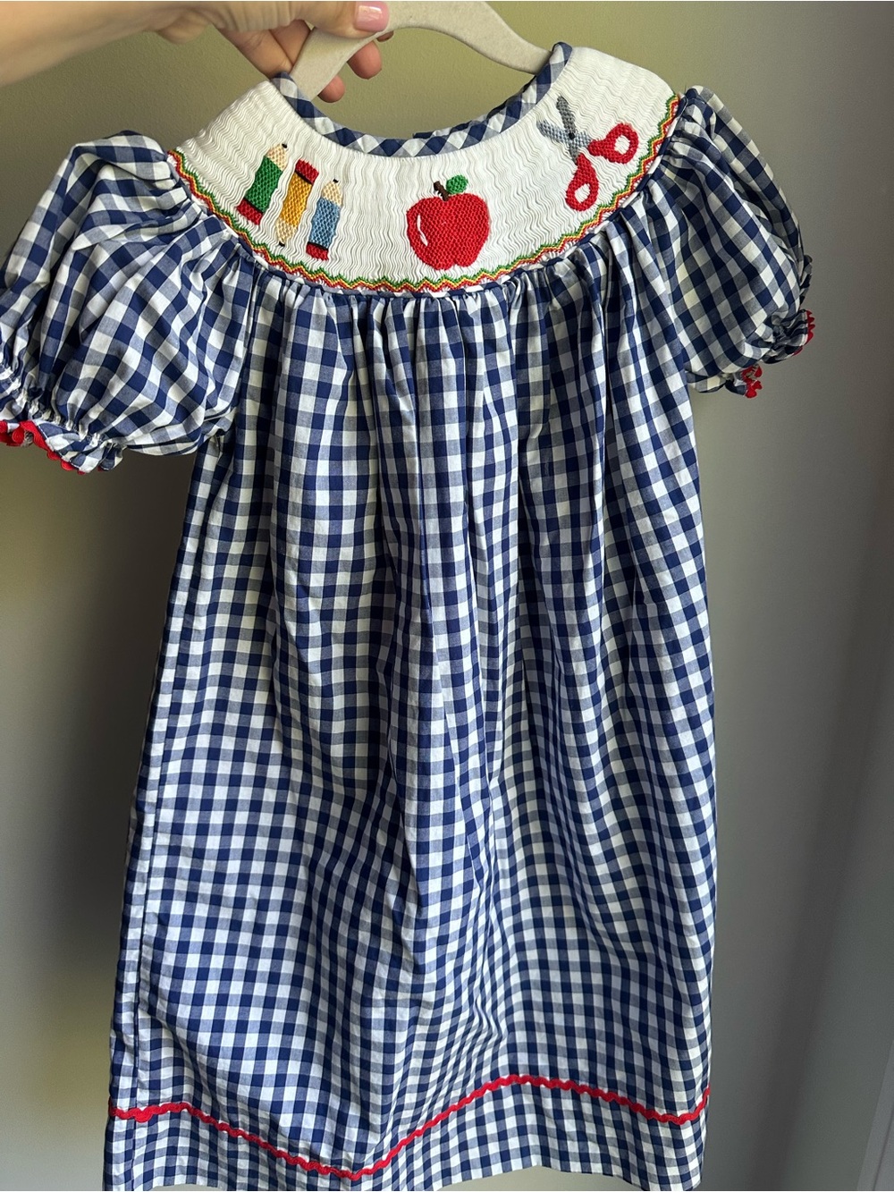 Smocked Gingham Kids' School Apple Dress - Blue & White with Red Accents